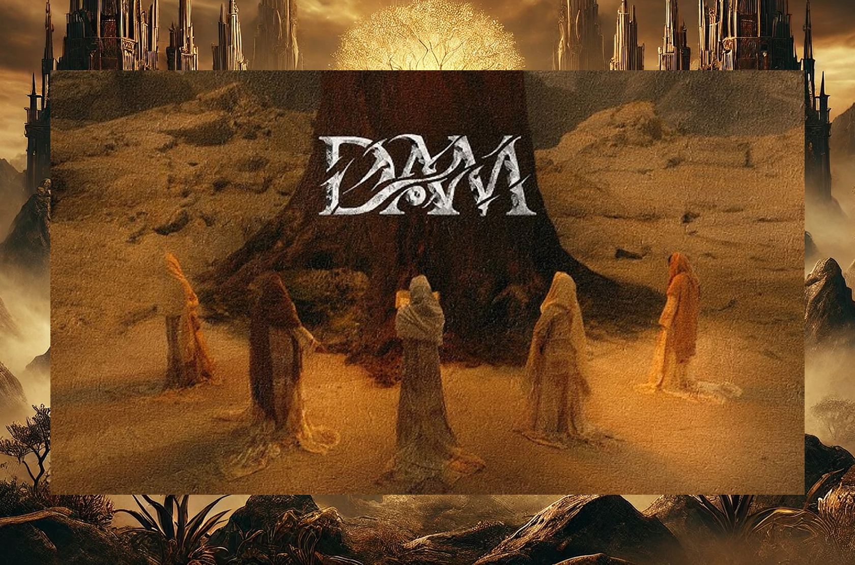 A dramatic scene from SB19's "DAM" music video, featuring five cloaked figures standing in a barren desert around a massive ancient tree. The mystical setting includes towering dark castles in the background and a glowing golden tree in the sky, creating an epic fantasy atmosphere. The stylized "DAM" logo is prominently displayed in the center, reinforcing the music video's mythical and cinematic theme.
